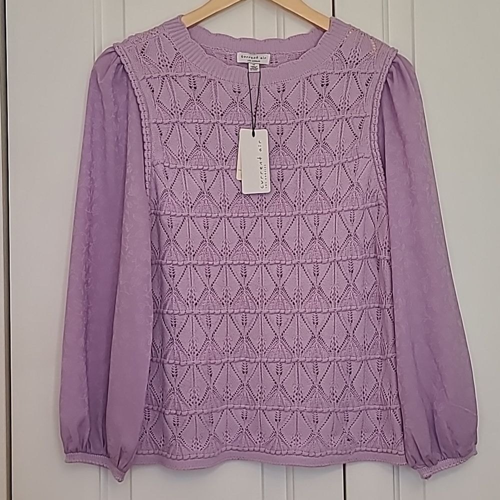 CURRENT AIR Long Sleeve Woven Textural Sweater Knit Top Lavender Size M